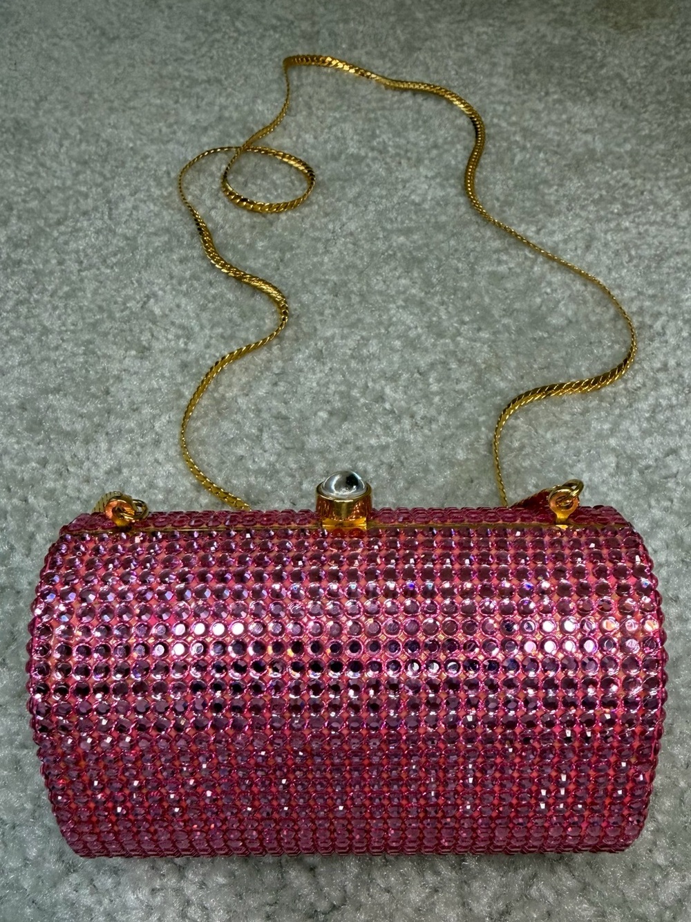 Pink Crystal Minaudière Evening Clutch with Gold Chain